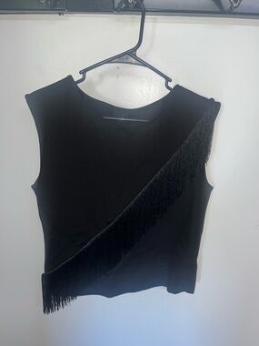 W5 Black Sleeveless Top with Diagonal Fringe Accent